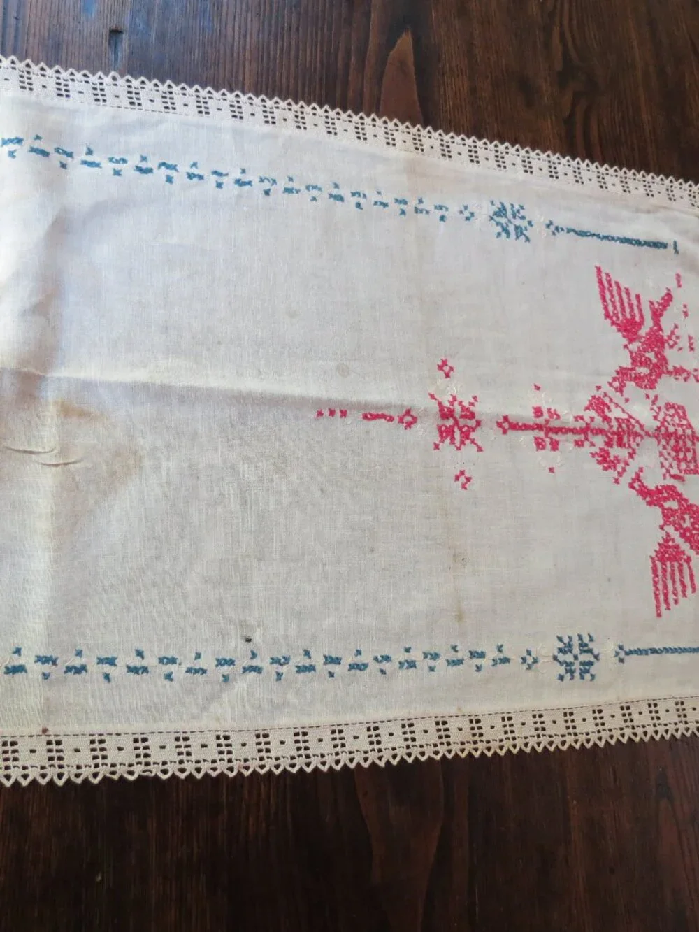 Dragon Bird Vintage Needlepoint Table Runner Linen 46x16.5